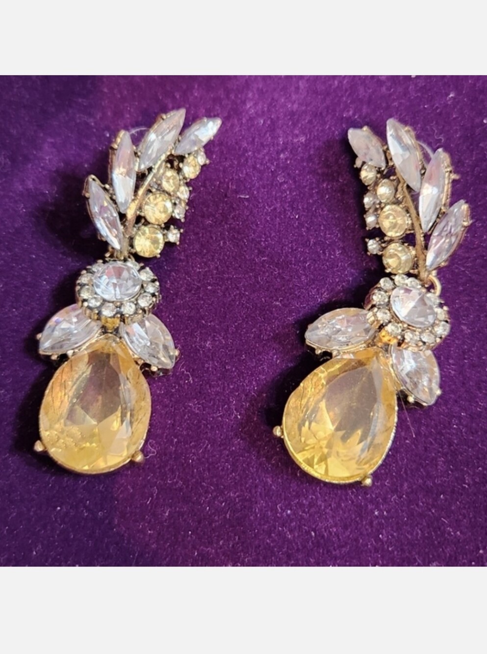 Vintage Gold-Tone Crystal Teardrop Earrings in Clear and Champagne -